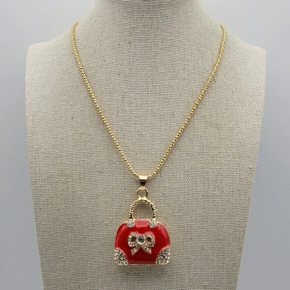 Betsey Johnson Red Enamel Purse Pendant Necklace Gold-Tone Clear Crystal 30 Inch - Picture 2 of 8